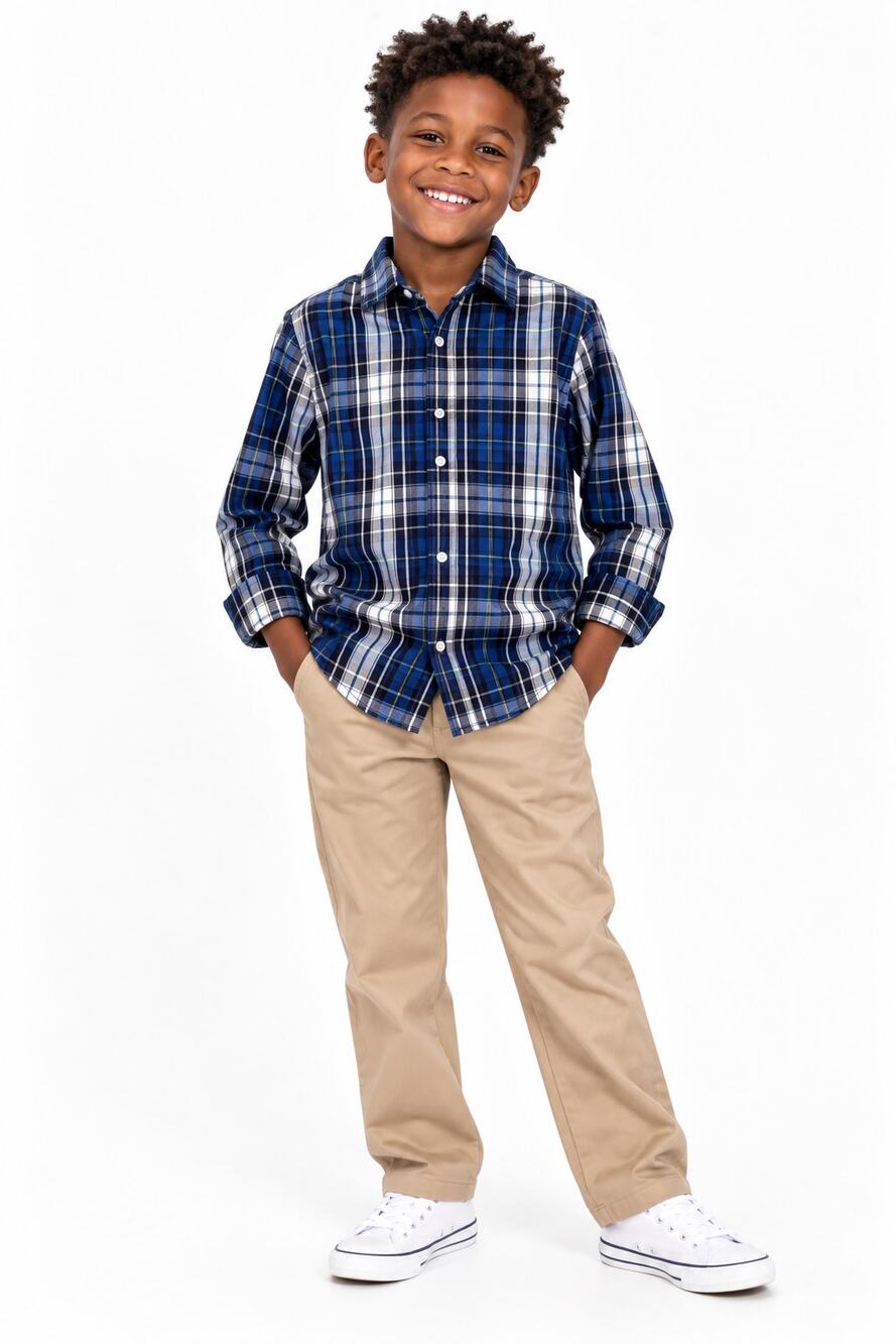 Simply Styled Boys Size 8 Blue Green White Plaid Long Sleeve Button Shirt